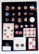 Various buttons set on card including British buttons showing the Union Flag and the Royal Family,