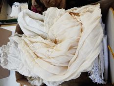 Two childrens gowns, quantity table linens, doilies,