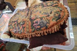 Victorian beadwork and woolwork tapestry cushion, lion rampant, helmet and foliate scroll decorated,