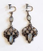 Pair continental silver and moonstone Arts & Crafts style pendant drop earrings set with oval