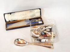 A set of six bone-handled tea knives, a bone-handled cake knife and slice, in original box,