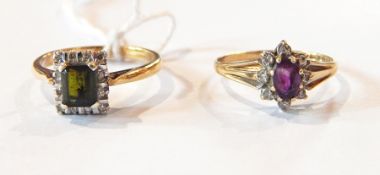 A 9ct gold, amethyst and white stone cluster ring, a gold-coloured metal,