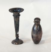 A silver plate torpedo-shaped scent bottle with hinged cover together with a small trumpet-shaped