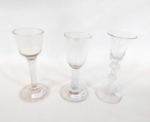 Two early cordial glasses, (one af), and an early Georgian style glass, trumpet bowl,