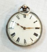 Victorian silver pocket watch, key winding having Roman numerals to the enamel dial,