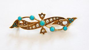Gold, seedpearl and turquoise bar brooch,
