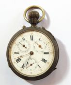 A silver cased chronograph open-faced multi-dial pocket watch, hour, second,