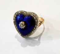 Gold, blue enamel and diamond heart-shaped ring, set centre stone (approx. 0.