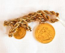 Gold-coloured ropetwist chain bracelet with George III gold sovereign, 1820,