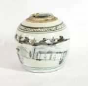 A Chinese Ming ginger jar (no lid), with stylised lakeside decoration in underglaze blue,