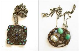 An Indian-style modern stone-set jade tablet, oval, applied with precious and semi-precious stones,