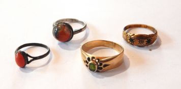 Gold-coloured metal and green stone ring,