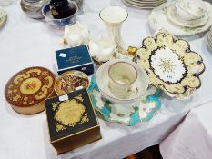 Coalport china conical and fish vase in gilt and white, early English porcelain sugar bowl,