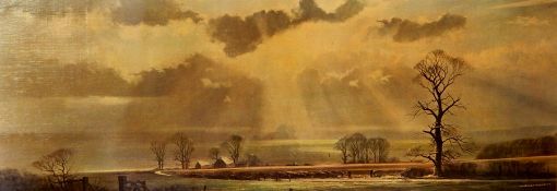 Oleographic print after Michael Morris of winter farm scene,