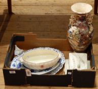 A Victorian blue and white pottery oval serving dish, blue and white pottery meat dish, cheese dish,