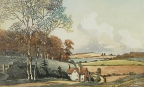 Alice Barnwell Coloured etching Country lane with house, entitled 