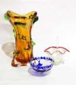 A Murano style vase, naturalistic form, yellow glass with green, 32cms.