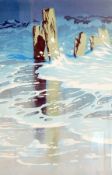Oscar Droege Woodcut Waves around old jetty posts, entitled verso 