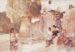 After William Russell Flint Two colour prints Women outside Mediterranean buildings