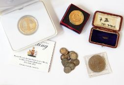 A bag of English modern coins, 1953 medallion, 2011 silver crown, etc.