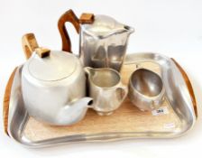 Picquotware wood and metal five-piece teaset including tray