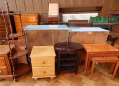 A nest of Heals teak tables, an open corner shelf unit with four shelves and stringing,