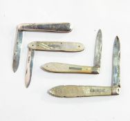 A Victorian silver bladed folding fruit knife with engraved mother-of-pearl handle,