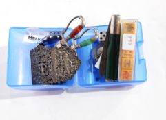 Two white metal and banded agate dagger-pattern bookmarks, poker dice,