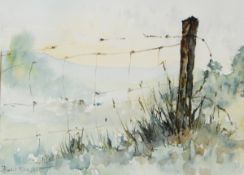 Basil Rowles Watercolours Coastal scene with boat in foreground and two further countryside