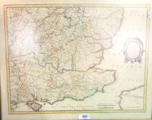 Colour print after the original map of South East England and a watercolour drawing of a vase of