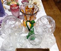 Quantity of cut glass to include amber flash vase with floral incised decoration,