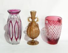 Heavy cut amethyst and clear glass vase, faceted form,