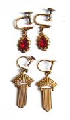 A pair of 9ct gold drop earrings of fan form and another pair set with pink stones