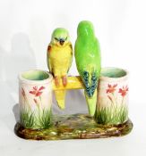 Jerome Massier faience vase group comprising pair cylindrical vases connected connected by branch,