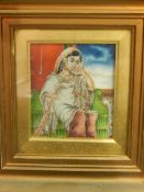 Set of three Indian paintings on ivory of girls with instruments in interior settings 8 x 7cms