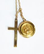 A 9ct gold St Christopher pendant and a 9ct gold cross on Prince of Wales chain