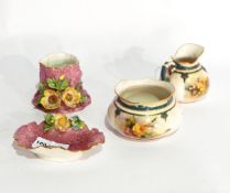 Pair Royal Worcester Hadleyware miniature jug and bowl of oblate form,