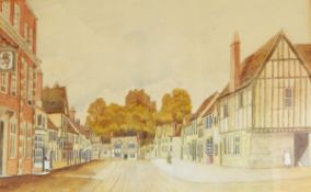 F G Jones (1957) Watercolour drawing Lacock Abbey with pond in foreground and Lacock High Street,