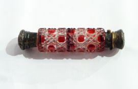 An oval silver ring box on four scroll feet and a ruby cut and overlaid glass double-ended scent