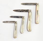 A silver bladed folding fruit knife with mother-of-pearl handle,