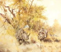 Robin Peterson oil on canvas, Rhinos in the Bush signed and dated 1992,