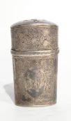 A Georgian silver miniature scent bottle case of oval cylindrical form with floral engraving,
