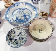 An old Chinese small stem saucer dish, similar bowl and a similar circular dish,