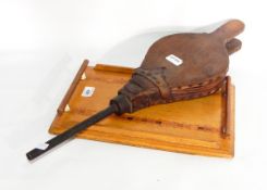 An Anglo-Indian ivory inlaid folding book rest, inlaid tray with turned handles, carpet beater,