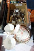 Quantity silver plated table flatware and quantity Colclough china teacups and saucers