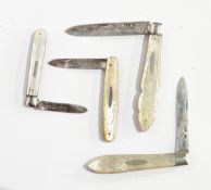 A Victorian silver bladed folding fruit knife with engraved mother-of-pearl handle,