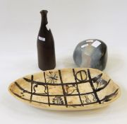 20th century stoneware decorated glazed sculpture in triangular form, incised monogram 