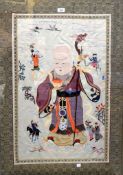 An Oriental Chinese-style embroidered picture showing a wise man holding a stick with dragon head,