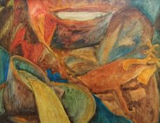 Frances Hodgkins (1869-1947) Oil on board Abstract still life with masks,