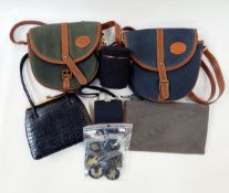 Two early 20th century compact/evening bags, two Barbour leather and waxed canvas bags,